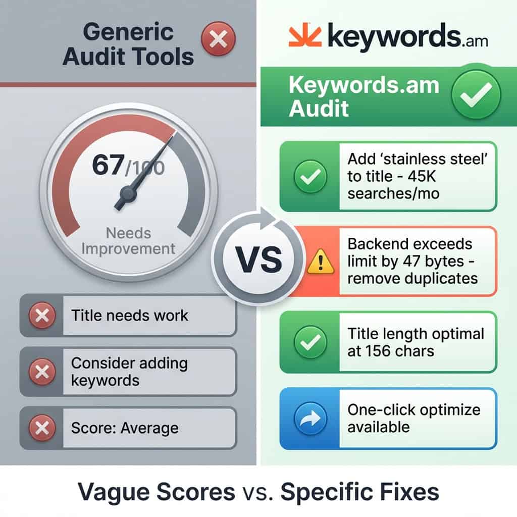 Comparison showing generic amazon listing audit scores versus Keywords.am specific fixes