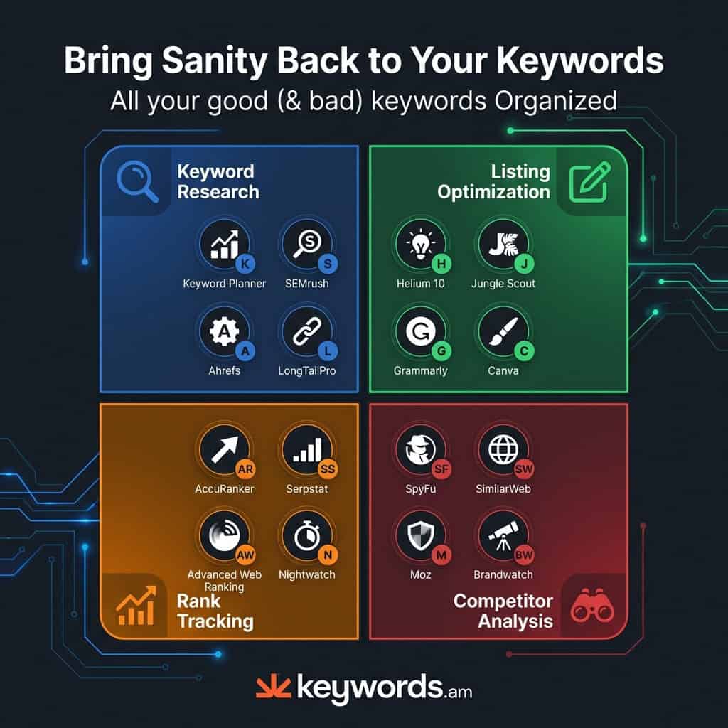 Keywords.am amazon seo tools four categories keyword research listing optimization rank tracking competitor analysis