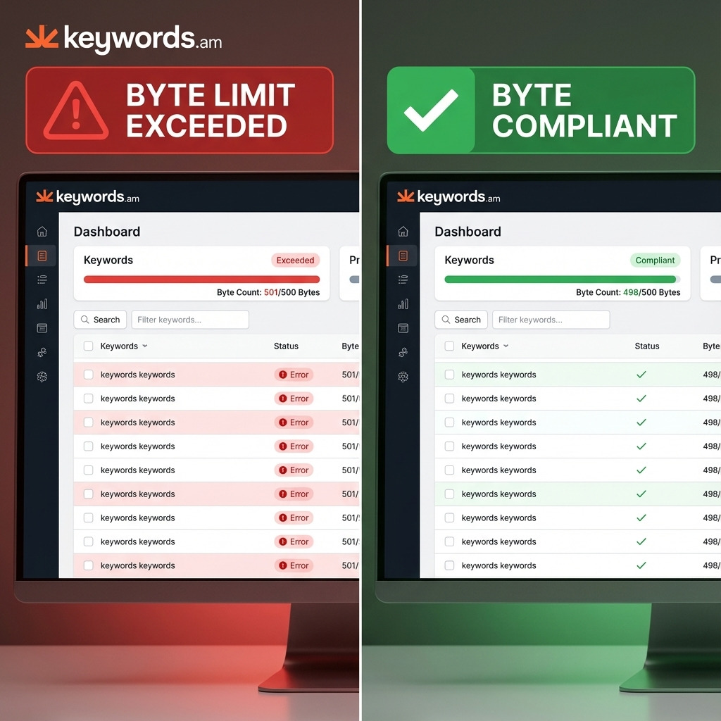 Keywords.am Byte Counter showing red warning vs Helium 10 green check