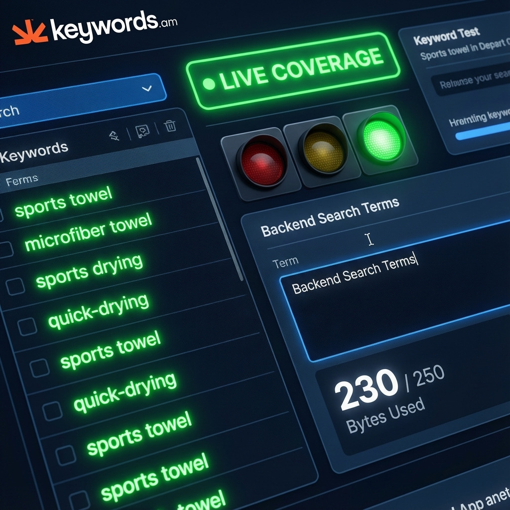 Keywords.am editor showing live keyword coverage indicators and byte counters