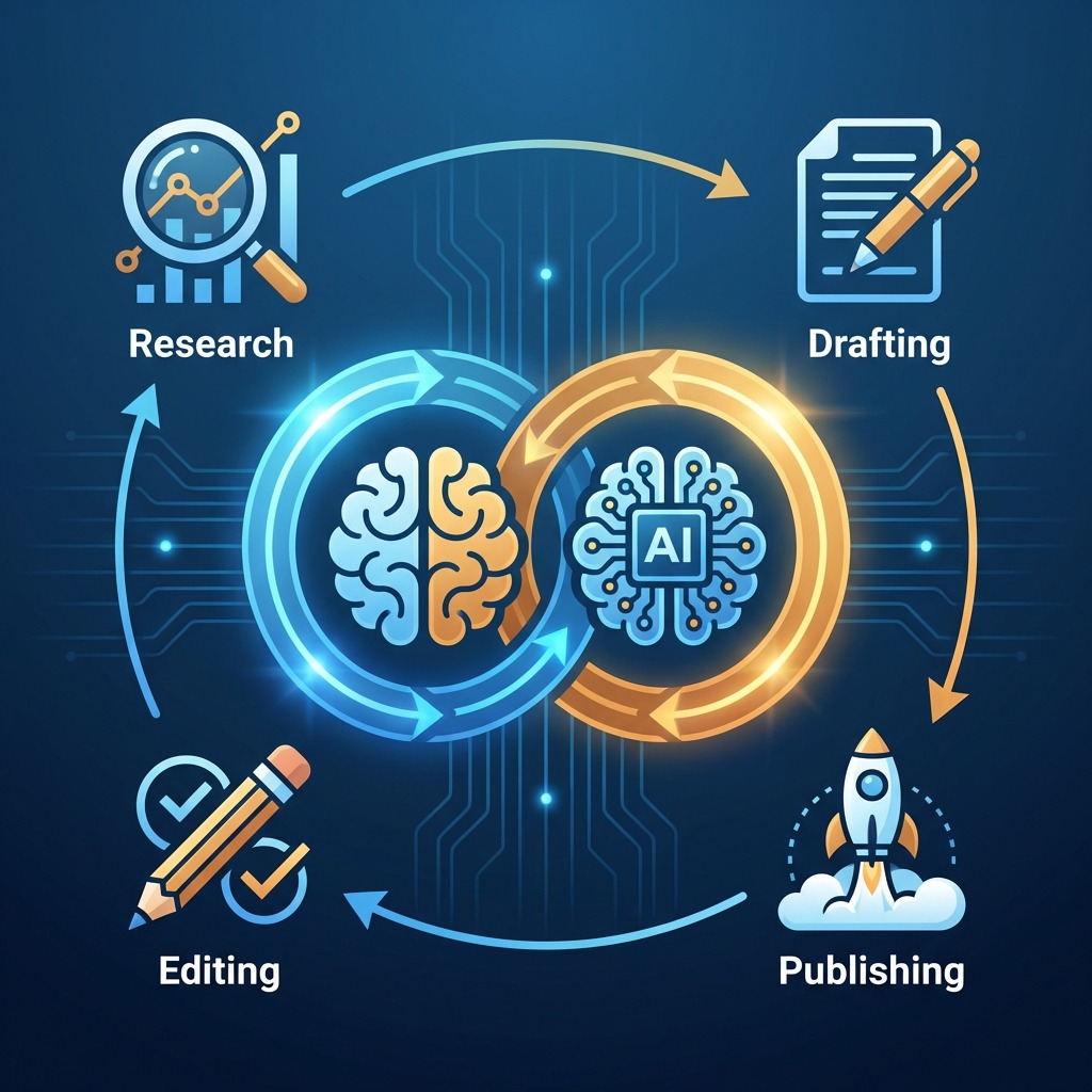 Keywords.am hybrid AI human listing workflow diagram for Amazon sellers
