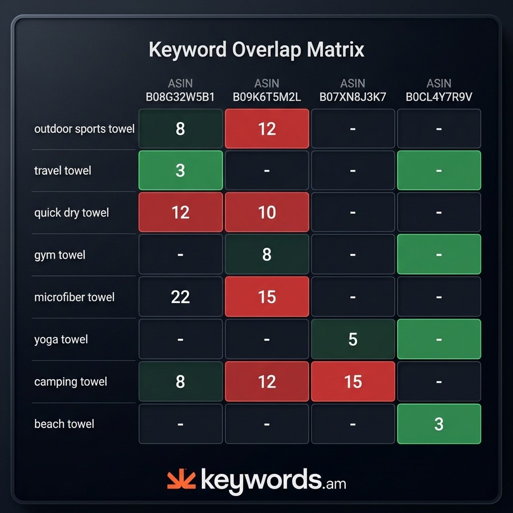 Keyword overlap matrix showing which ASINs compete for the same Amazon search terms with rank positions and cannibalization risk indicators