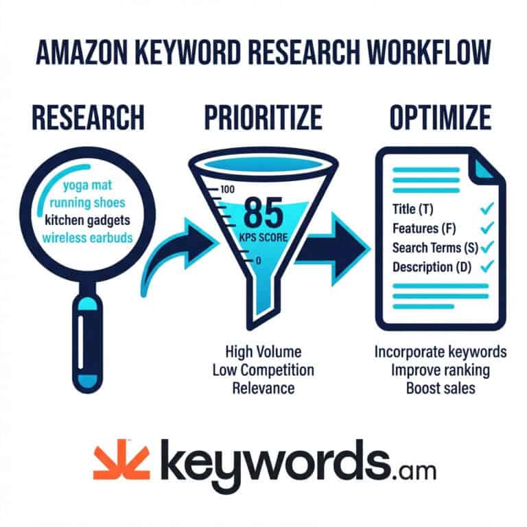 Amazon keyword research workflow infographic showing Research, Prioritize with KPS scoring, and Optimize with TFSD framework
