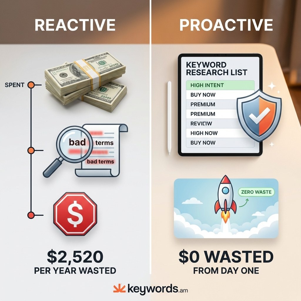 Keywords.am amazon negative keywords proactive vs reactive method comparison showing cost savings