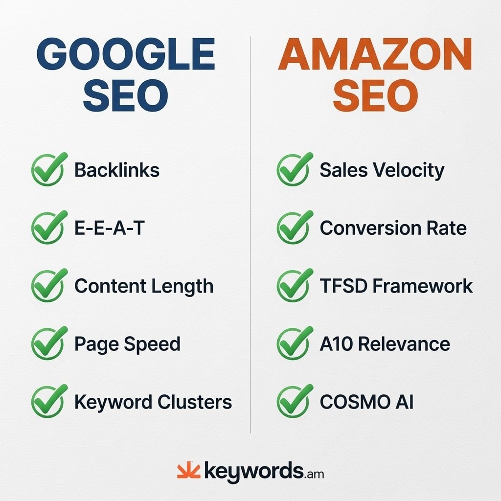 Keywords.am amazon seo vs google seo ranking factors comparison infographic