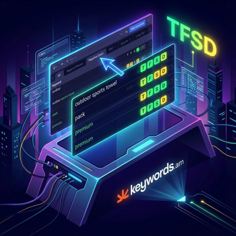 Keywords.am TFSD Editor showing green and yellow coverage indicators