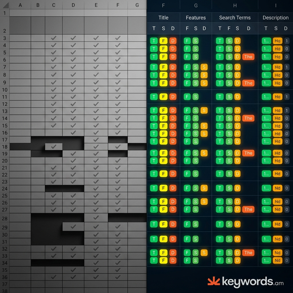 Keywords.am coverage indicators versus spreadsheet blindspots for amazon keyword coverage