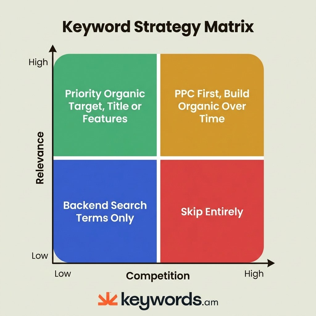 Keywords.am amazon keyword difficulty decision matrix showing four quadrants for keyword pursuit strategy