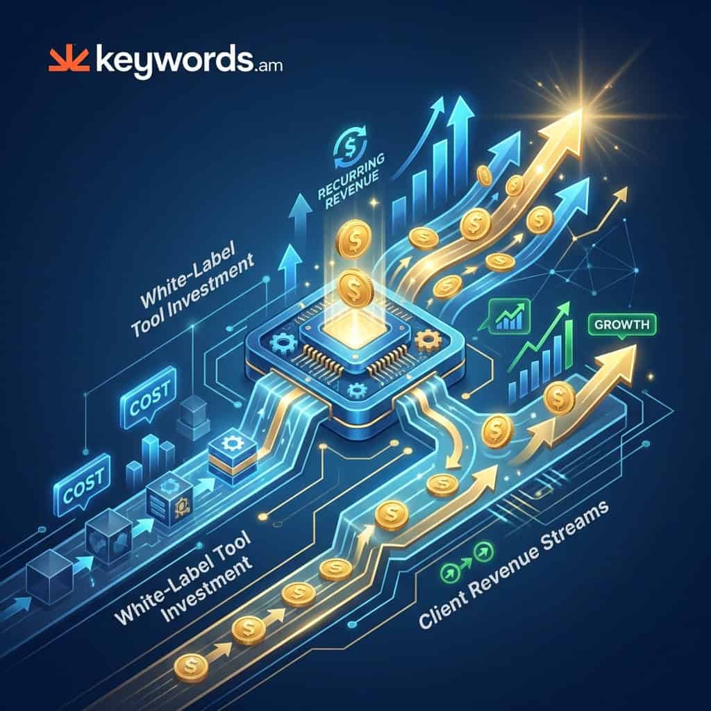Keywords.am agency white label ROI calculation showing investment to revenue flow