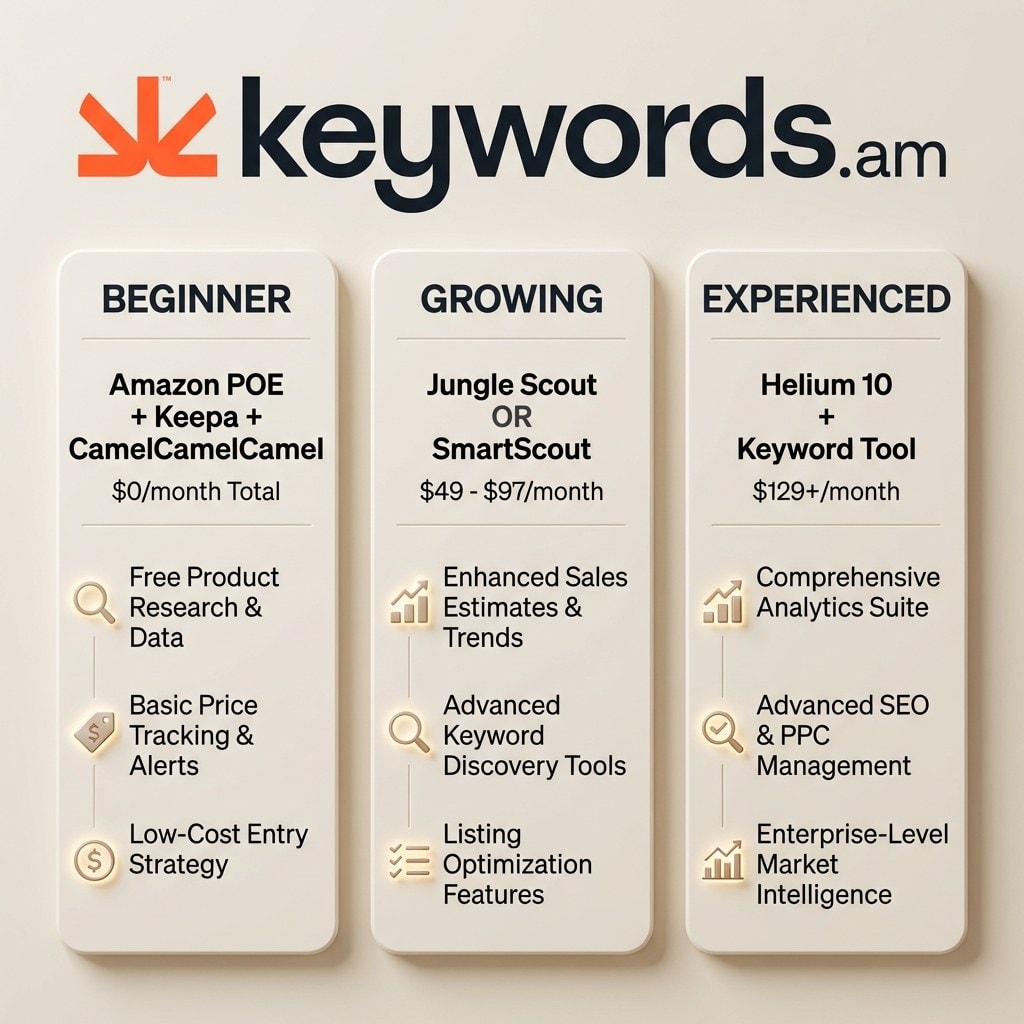 Keywords.am product research tools for amazon sellers showing recommended tool stacks by seller experience level and budget