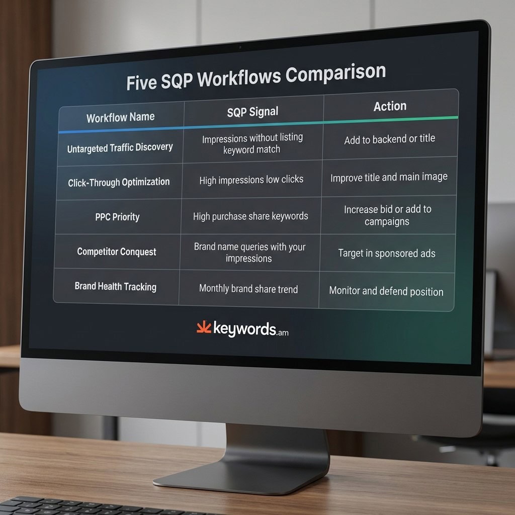 Keywords.am five actionable amazon SQP report workflows showing signals and recommended actions for each