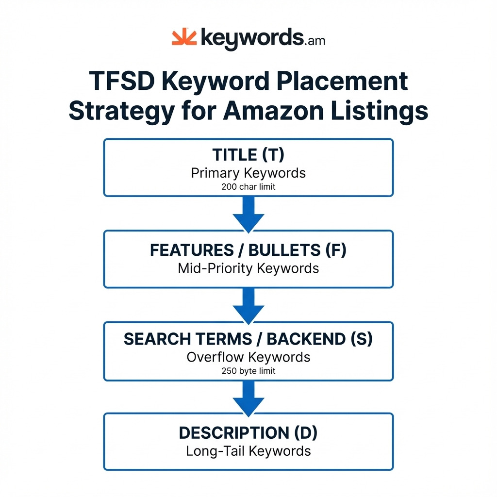 TFSD framework keyword placement diagram showing where to put Amazon keywords - Title for primary keywords, Features for mid-priority, Search Terms for overflow, Description for long-tail