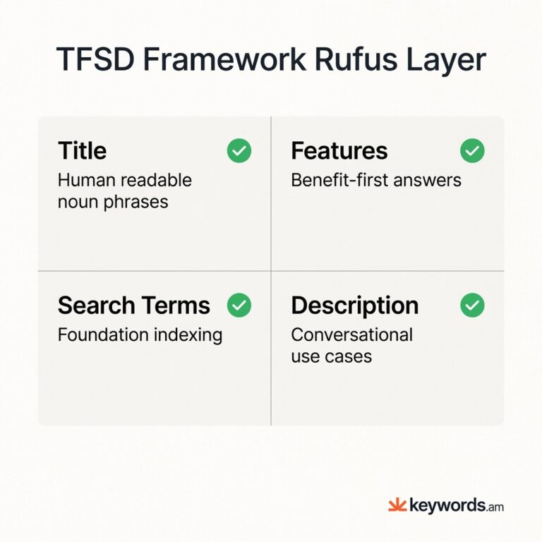 Keywords.am TFSD framework rufus AI optimization showing title features search terms and description layers
