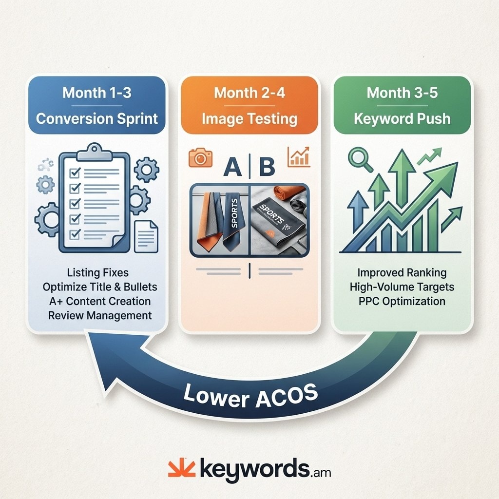 Keywords.am amazon listing optimization strategy three-system timeline showing conversion sprint to image testing to keyword push workflow