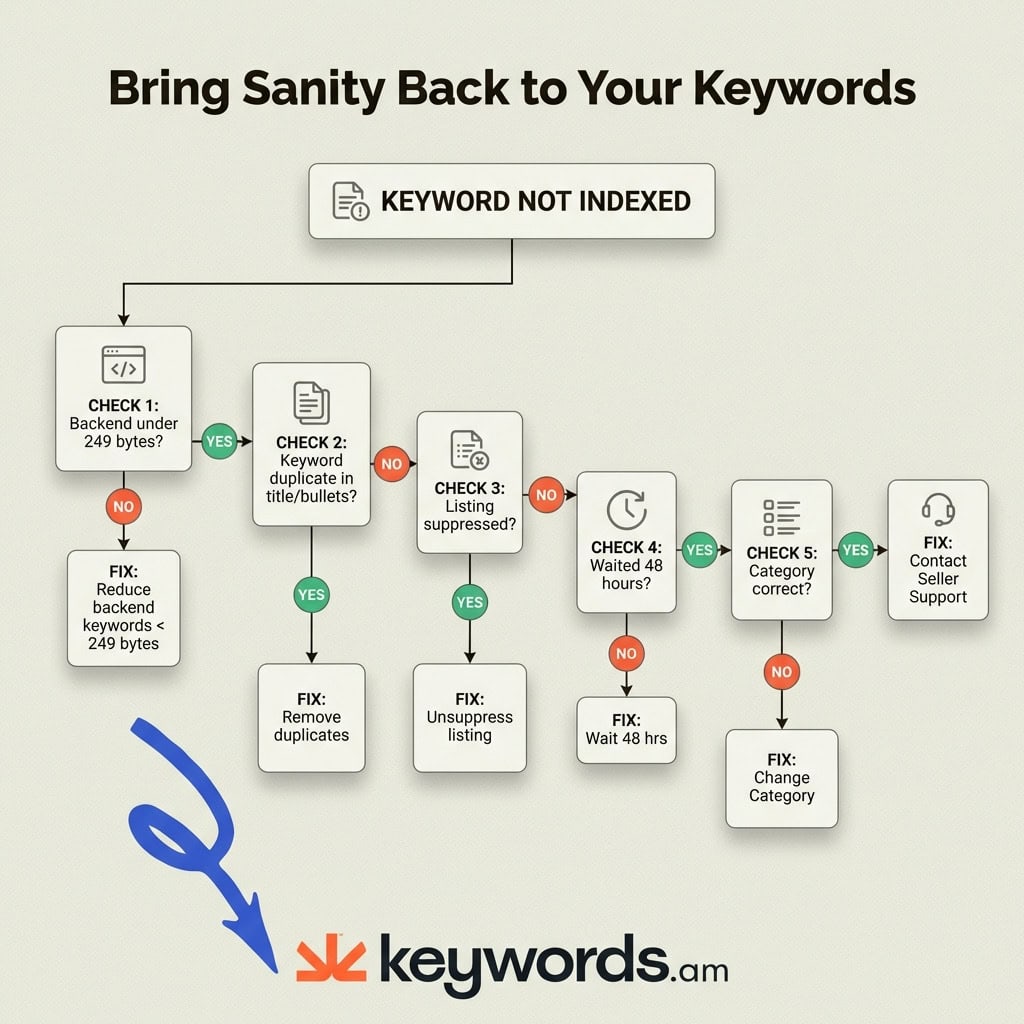 Keywords.am amazon keyword indexing troubleshooting flowchart showing 5 diagnostic checks for keywords not appearing in search