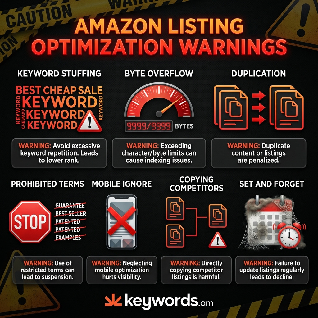 Keywords.am amazon listing optimization common mistakes to avoid warning infographic